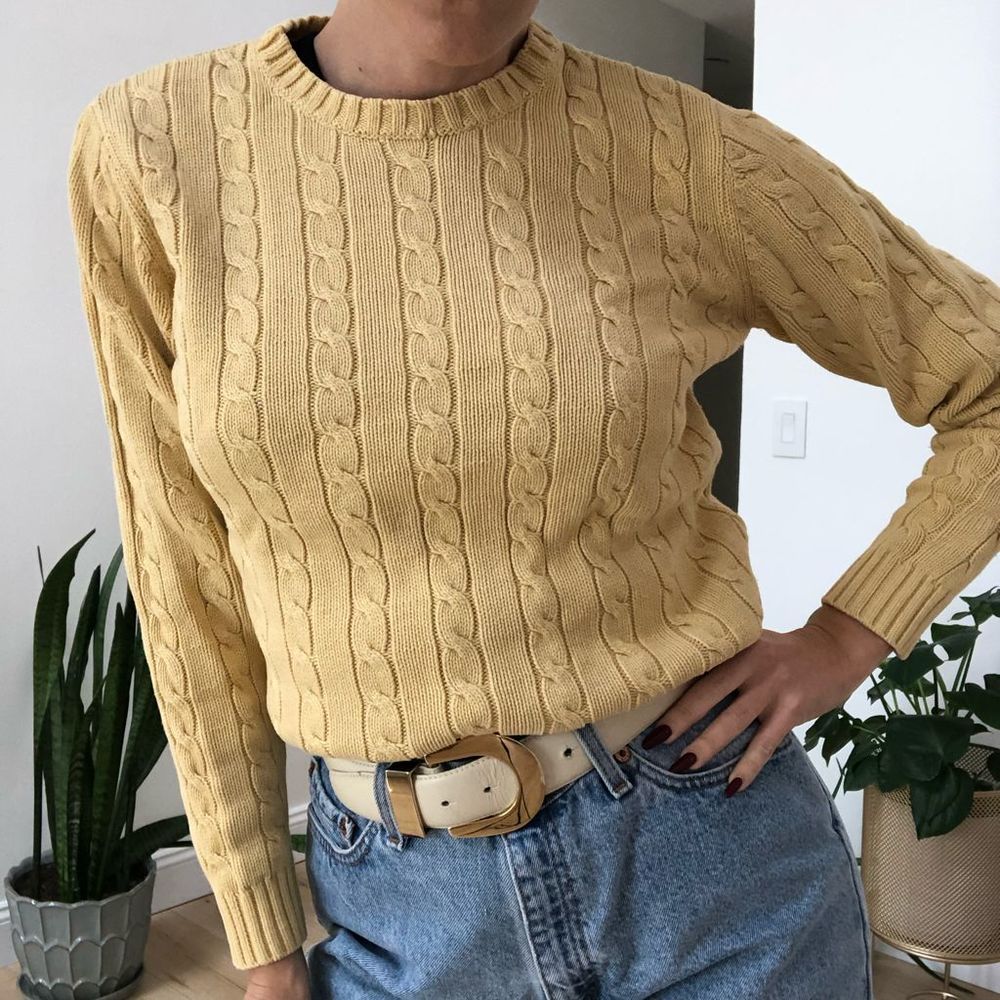 Vintage 80s 90s Lands End butter yellow sweater